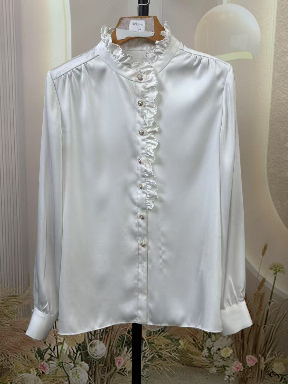 ZLR2025春拉科家白色醋酸衬衫衬衣木耳领