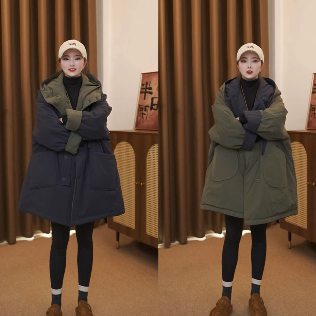 冬季新款双面穿连帽中长款棉服女宽松保暖显瘦加厚棉袄外套9319
