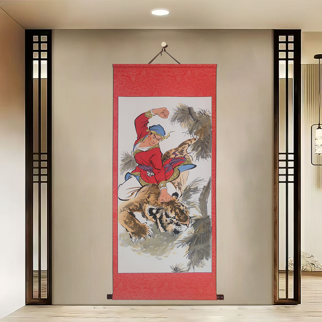 【武松打虎】60*140手工描绘卷轴宣纸画韵彩描金办公居家现代装饰画