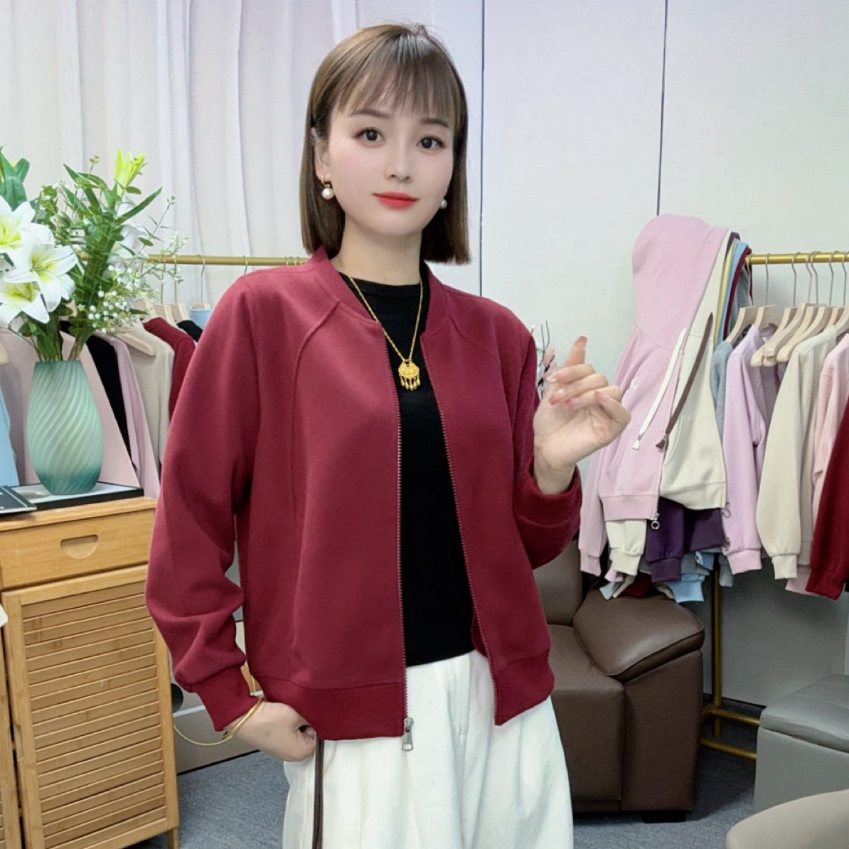 0051正肩纯色棒球服韩版短款春季休闲百搭简约卫衣拉链开衫外套女