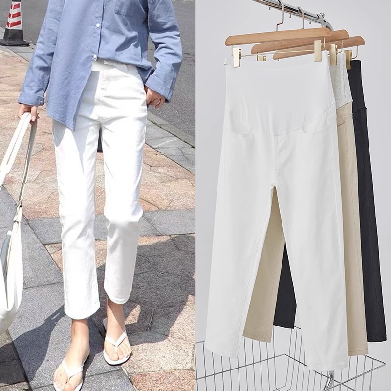 孕妇裤白色牛仔裤春秋加绒烟管裤百搭托腹九分弹力直筒裤小个子