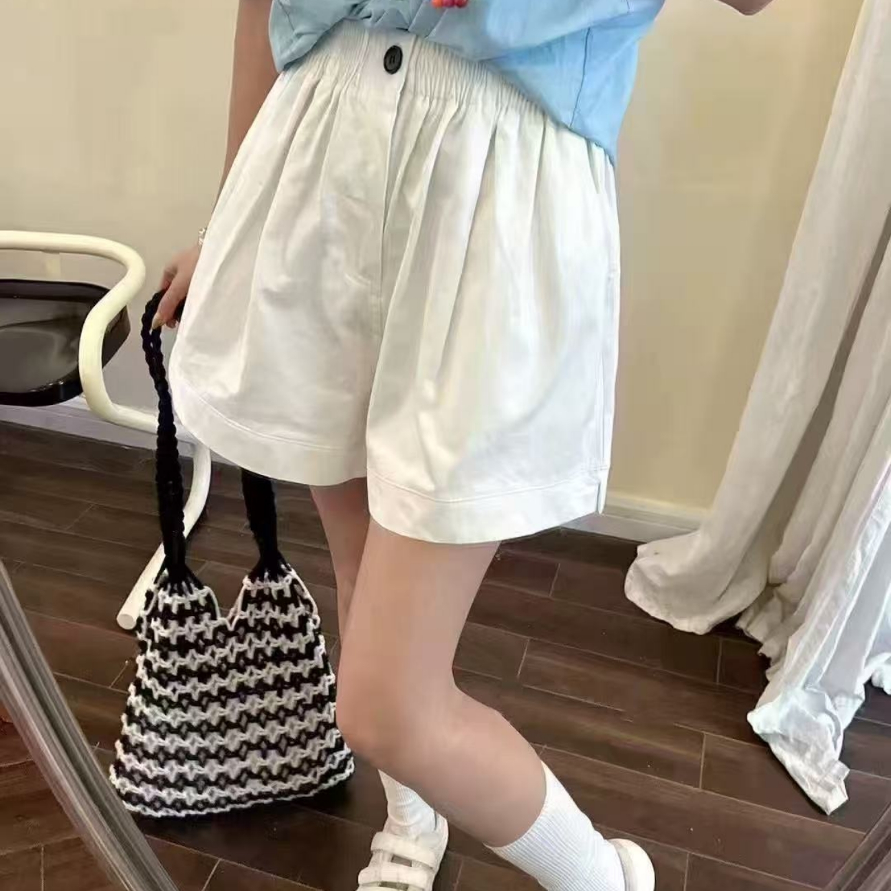 QC 253512 韩系松紧腰高腰显瘦纯色休闲短裤百搭5分裤