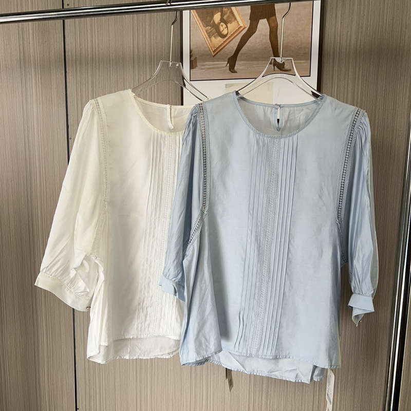 1307撤柜LD气质蕾丝显瘦宽松夏季上衣新款通勤圆领小衫衬衫短袖