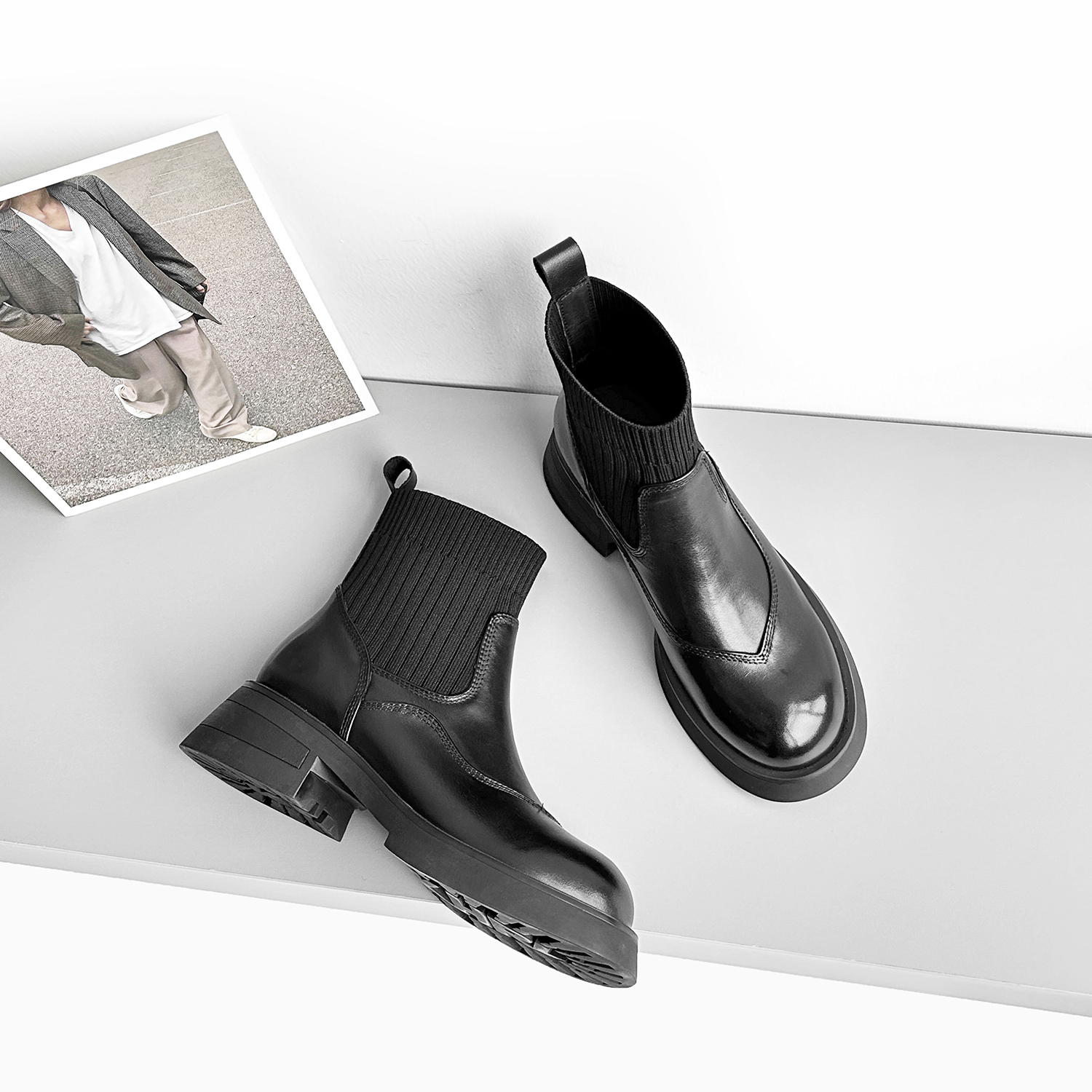 少量现货】5cm/AL1513牛皮厚底短靴女秋冬显瘦袜靴女靴子真皮