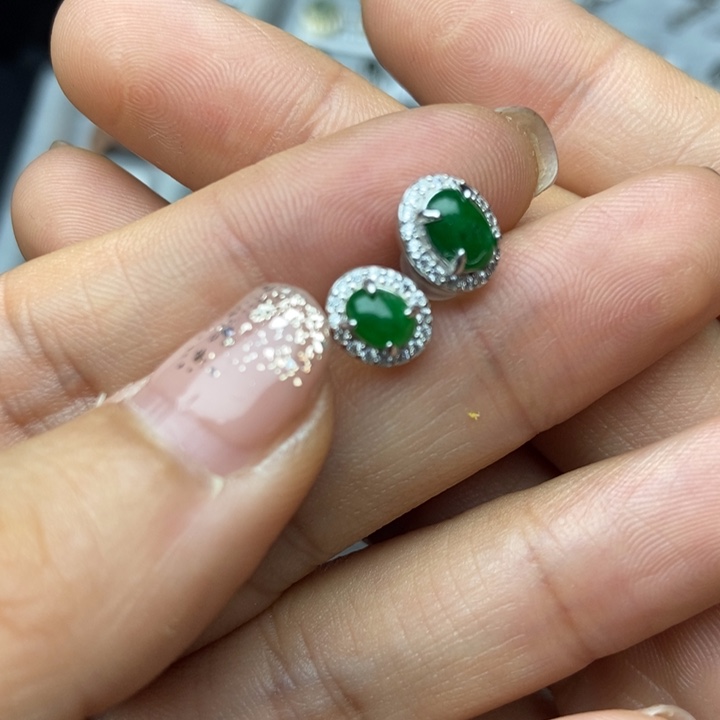 翡翠耳饰银S925镶嵌耳钉
