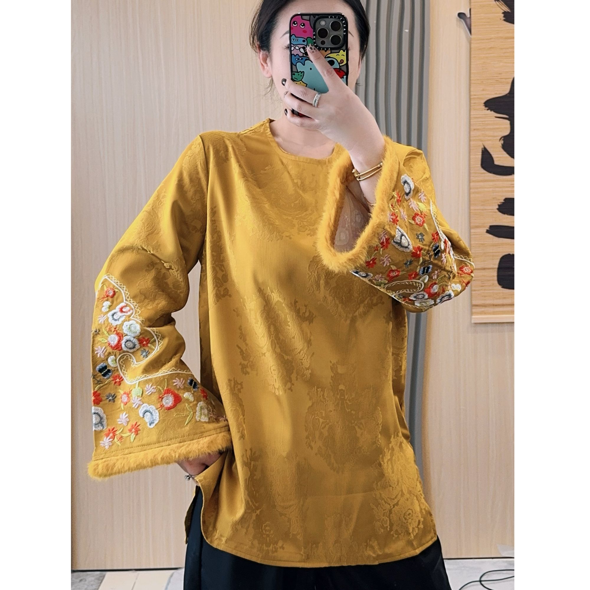 【不加绒】新中式国风提花大版刺绣毛毛打底衫