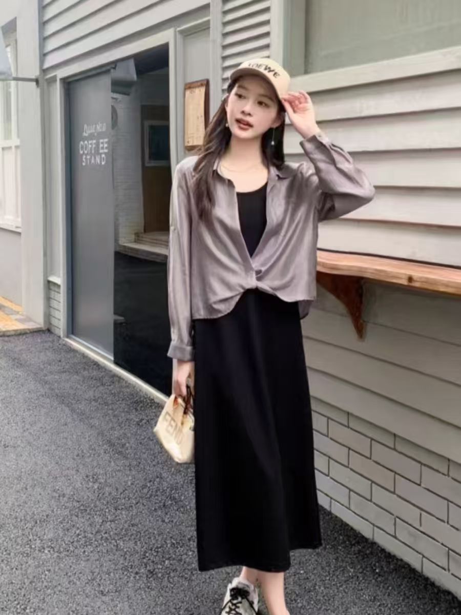 T432 夏季新款休假气质防晒衬衫黑色显瘦吊带裙两件套套裙
