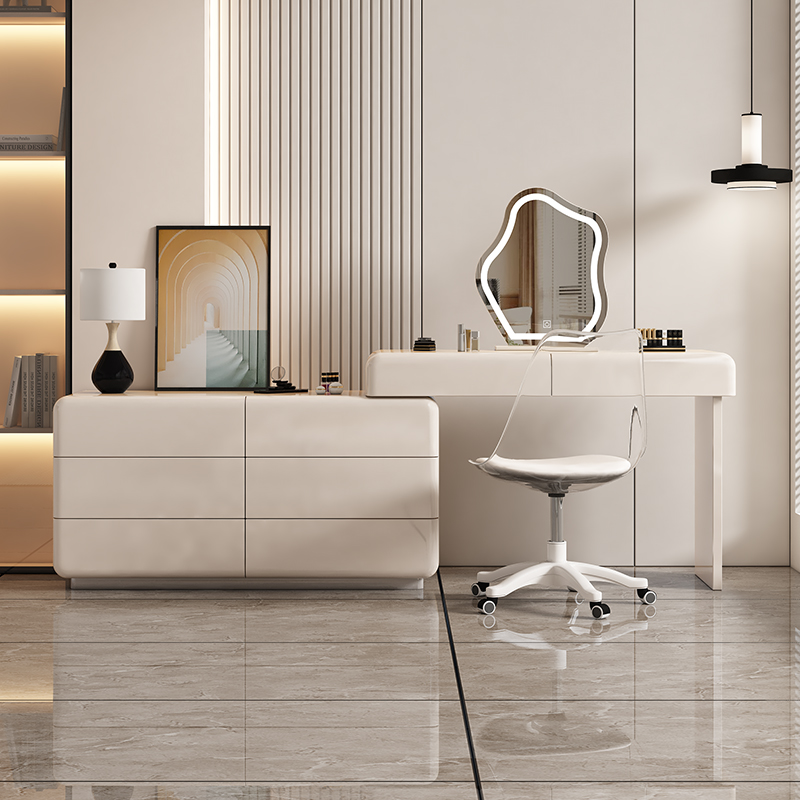 梳妆台面包奶油风化妆桌+可伸缩床尾斗柜储物简约北欧烤漆