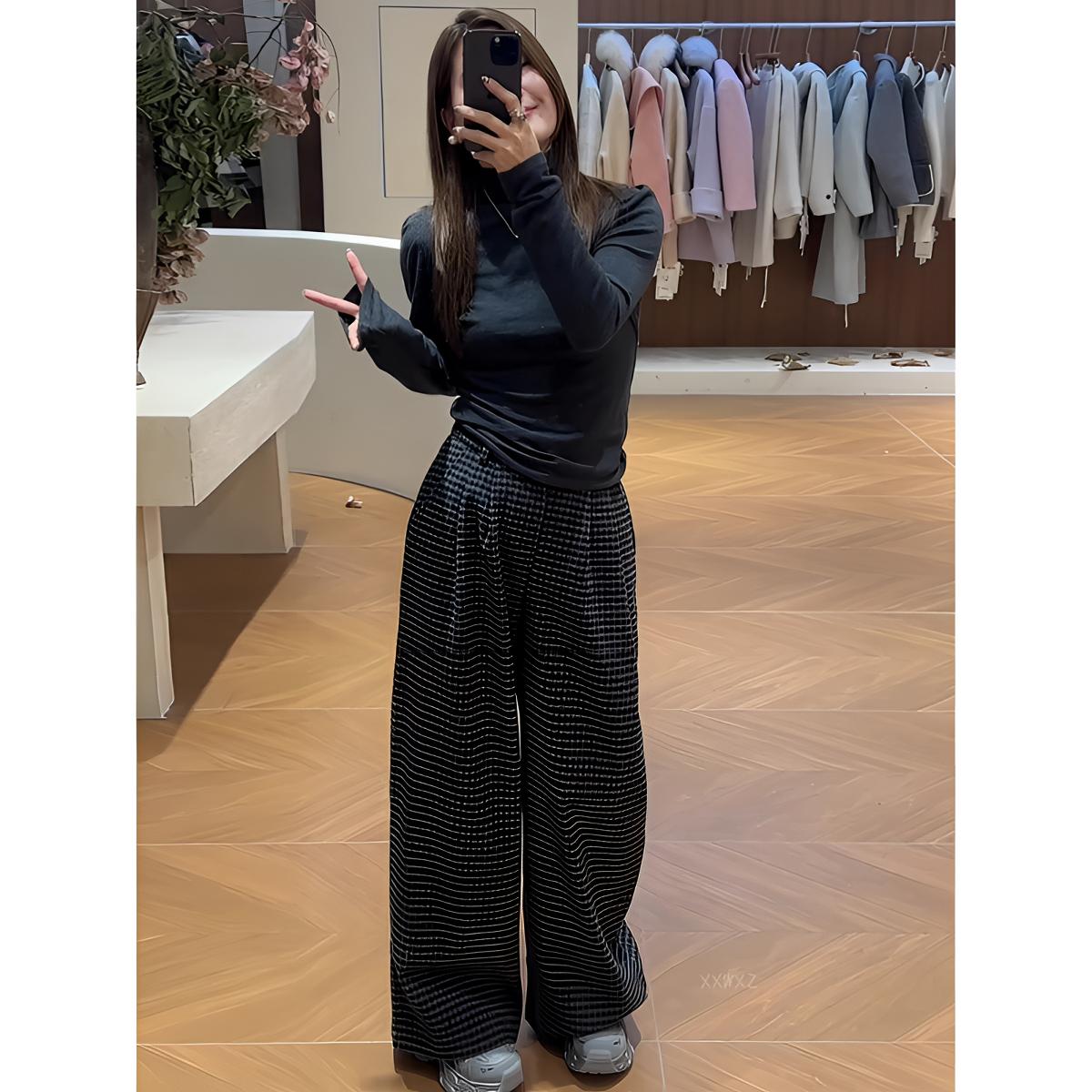 格子裤复古加厚半松紧垂感显瘦阔腿裤韩国东大门秋季新款#z1247