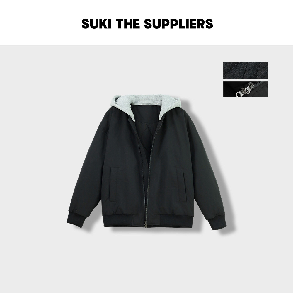 SUKI 假两件可拆卸连帽飞行夹克棉服外套