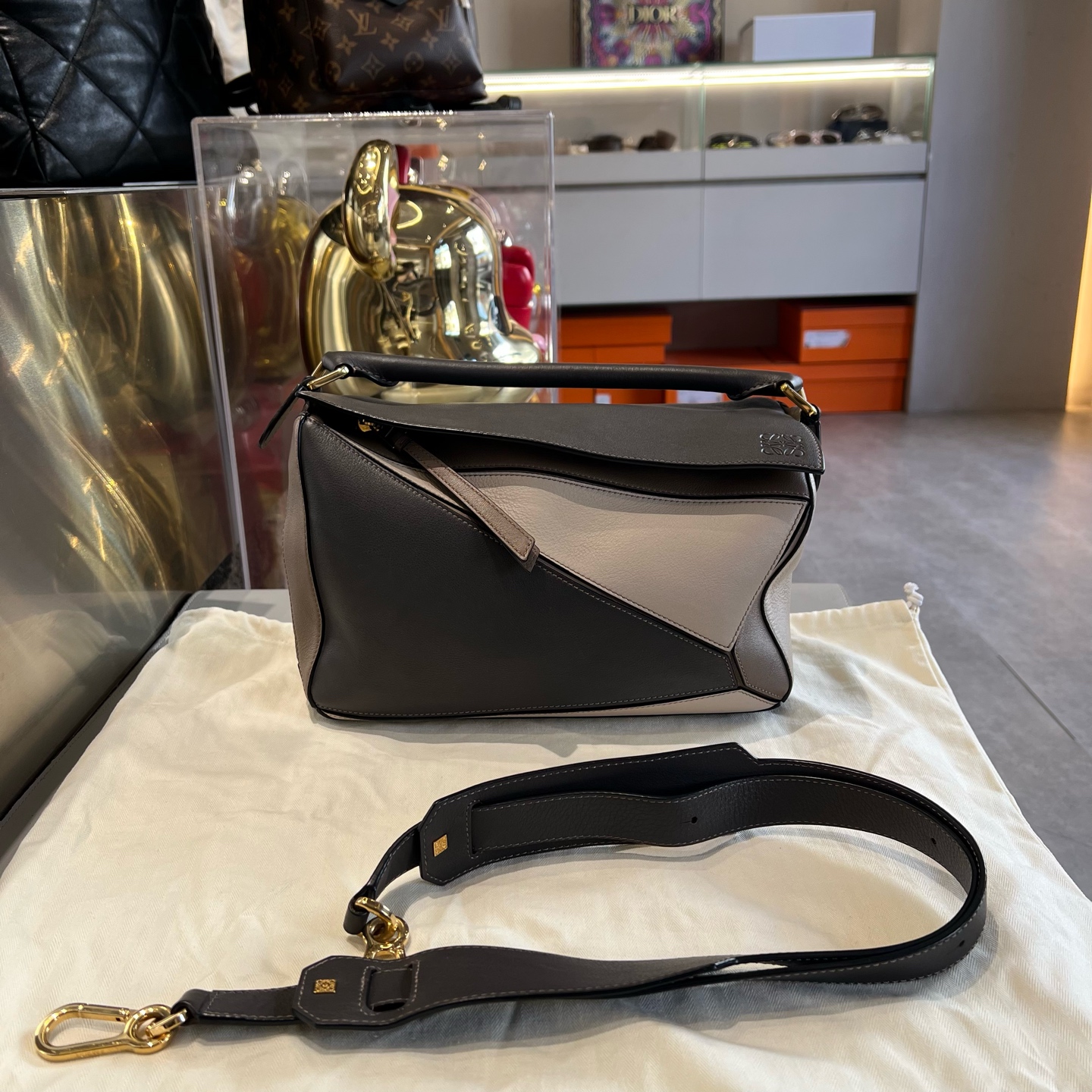 99新 LOEWE/罗意威 Puzzle 中号三拼色几何手提单肩斜挎包 牛皮