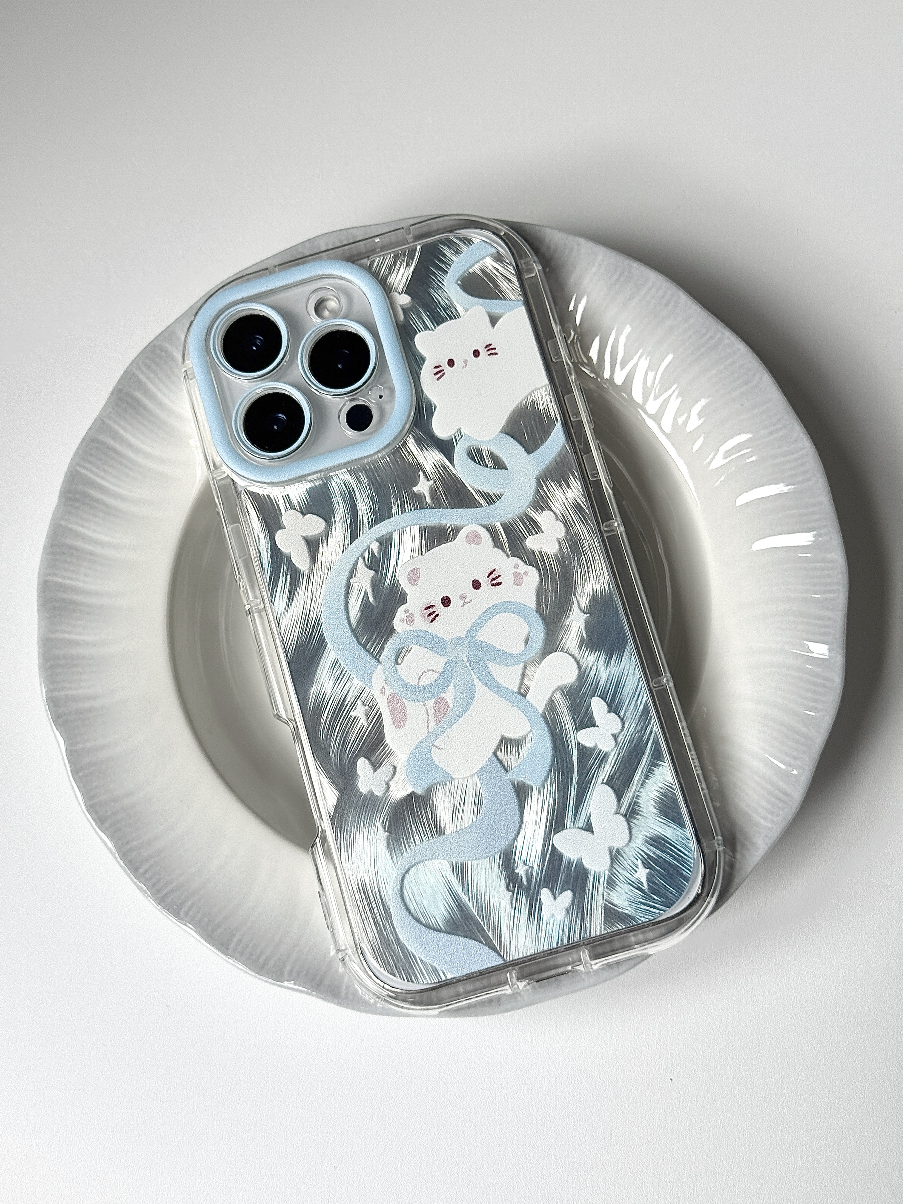 蓝色飘带蝴蝶结小猫适用苹果不同型号手机壳新款羽纱设计防摔壳