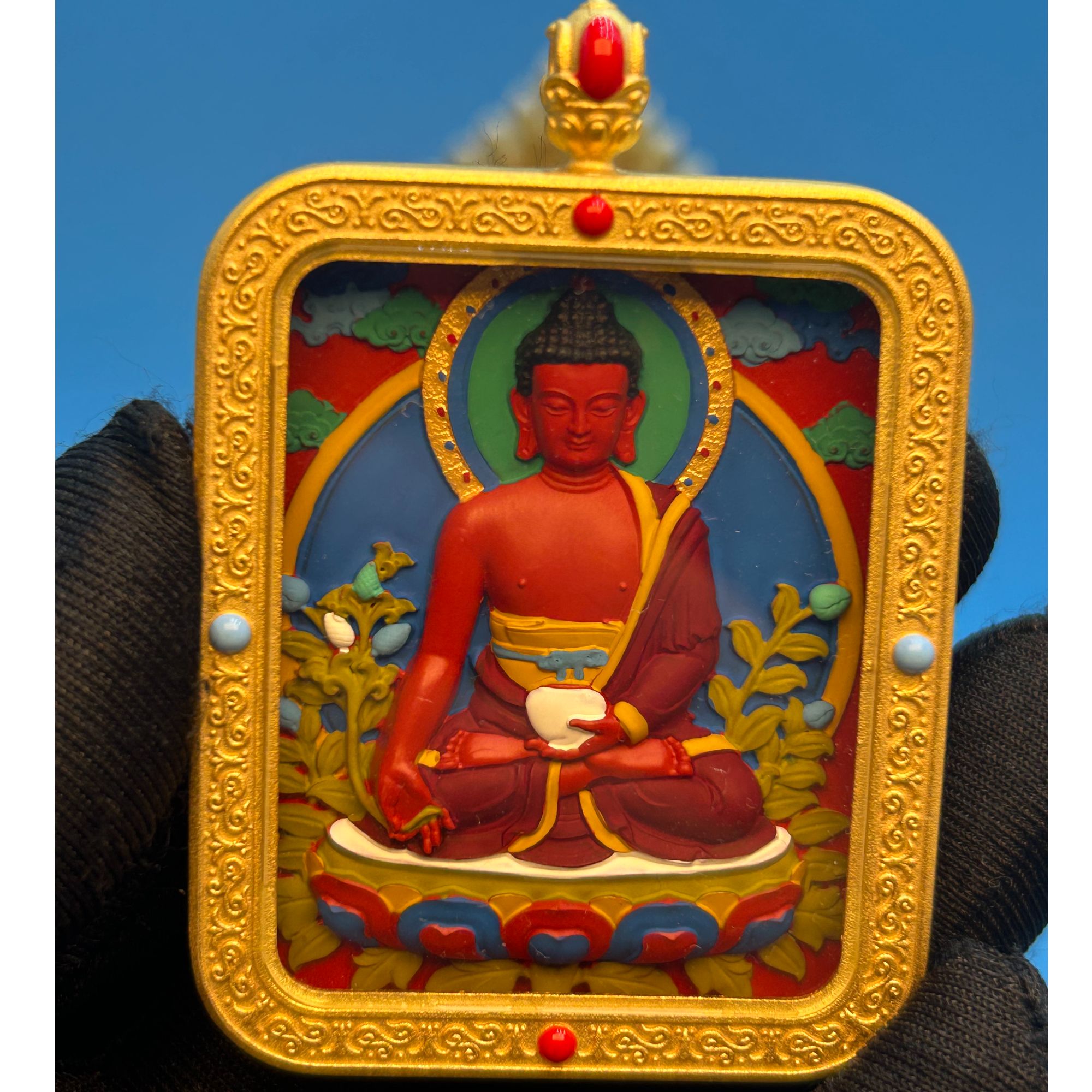 唐卡金色玲宝朱砂彩绘擦擦  药师佛