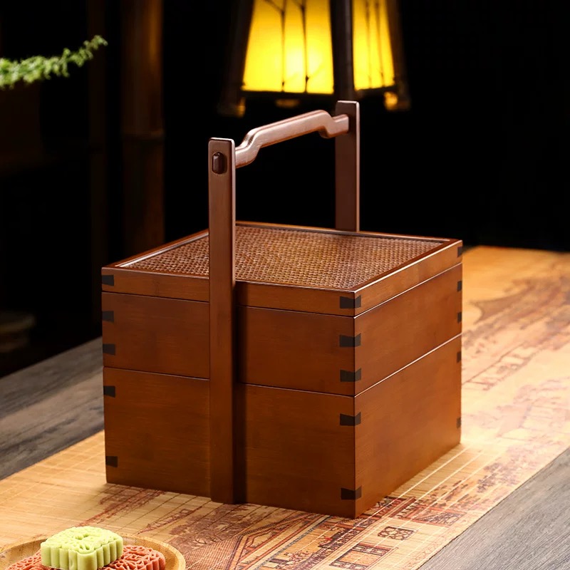 【双层食盒】中式竹制双层提篮食盒可用于茶具收纳和野餐便携使用