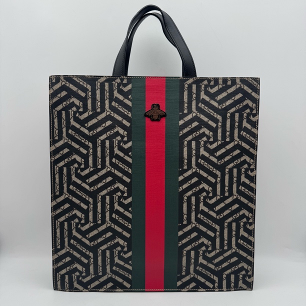 99新 GUCCI/古驰 迷宫满印蜜蜂红绿拼条手提托特包/2684