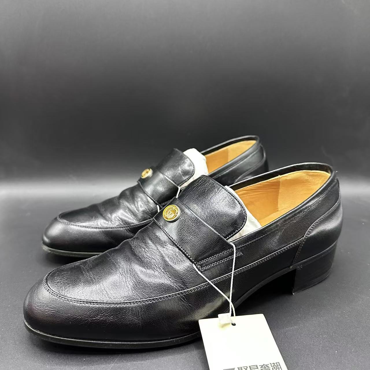 95新 GUCCI/古驰 男士时尚百搭黑色双G法郎扣乐福鞋43.5码 lb283