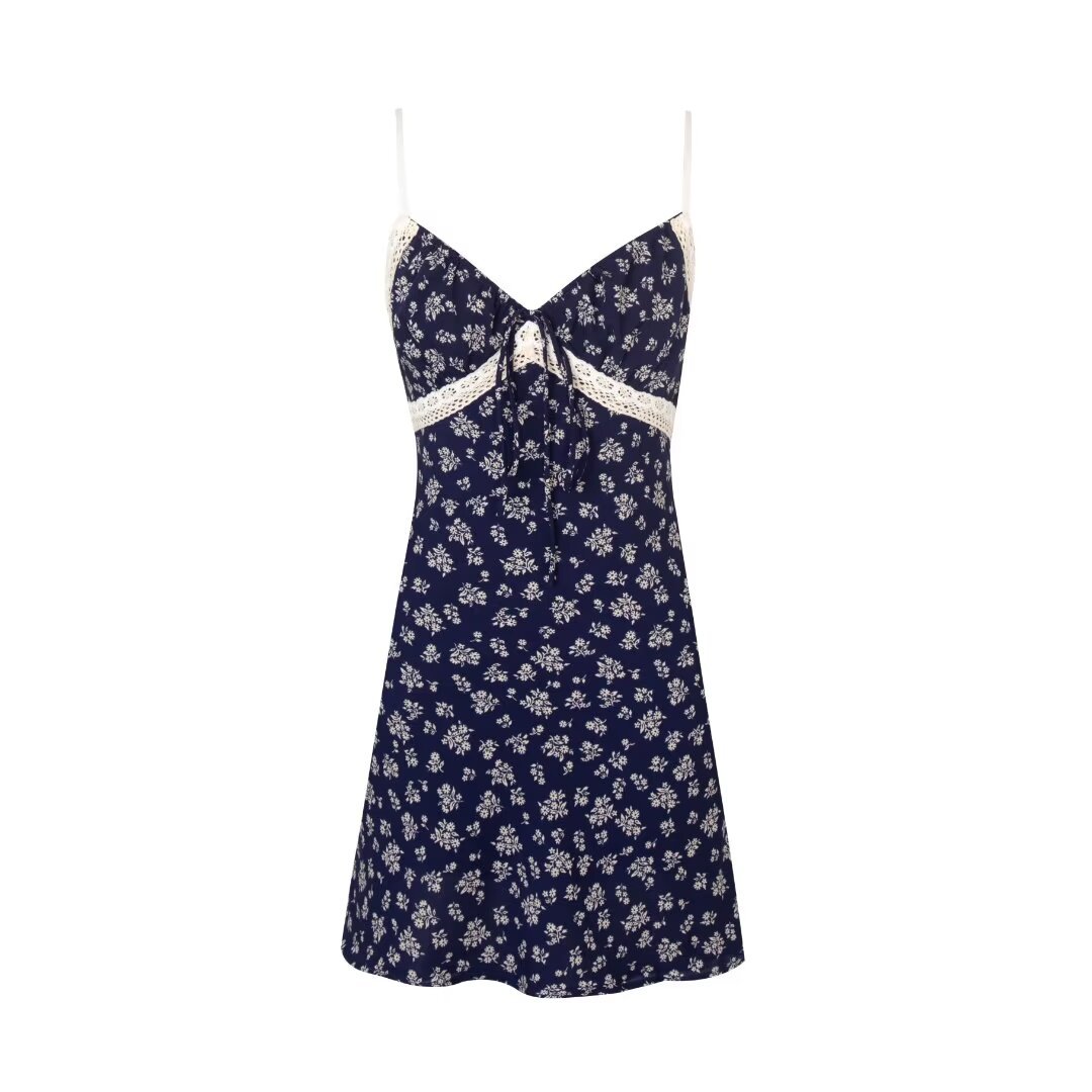 欧美风夏季性感辣妹度假款V领吊带连衣裙蕾丝拼接雪纺碎花裙