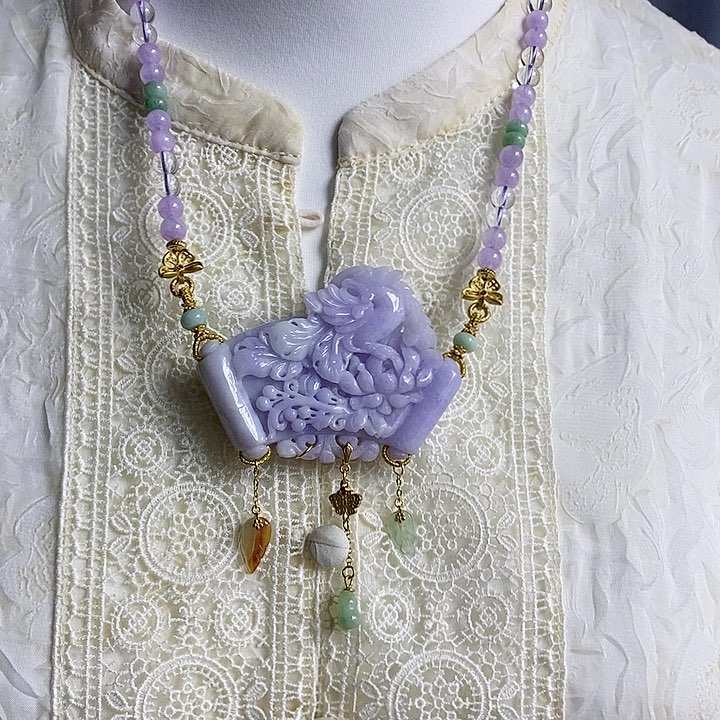 翡翠吊坠(赠链)未镶嵌冰*翡翠紫罗兰雕刻凤凰吊坠