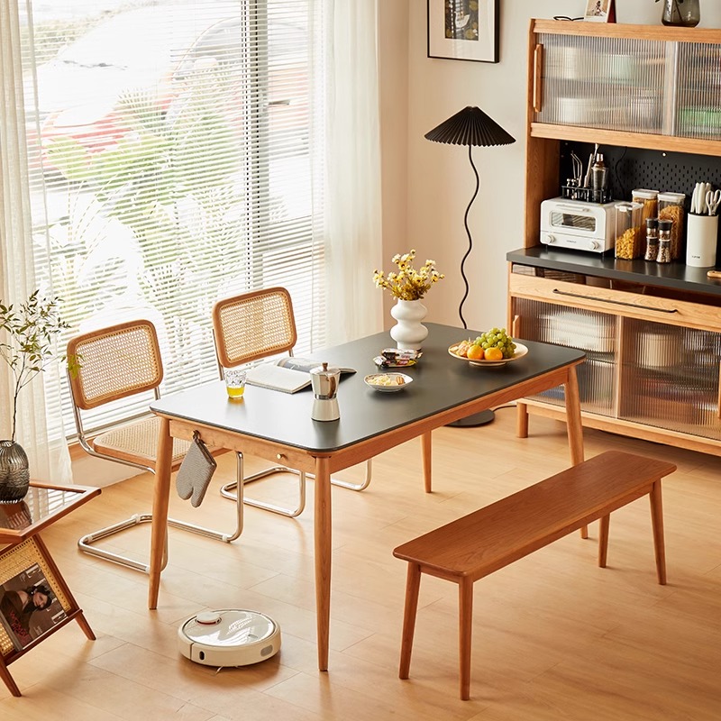 北欧风樱桃木餐桌岩板桌小户型家用耐油防刮餐桌椅组合