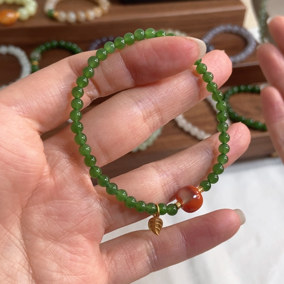 和田玉手链银S925镶嵌4mm碧玉