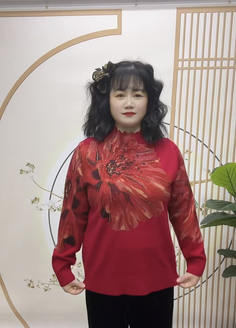 8090 3D印花手工烫钻时尚百搭针织衫