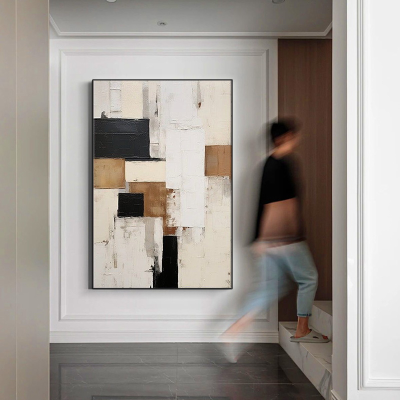手绘油画【默屿】现代极简黑白灰抽象艺术画客厅玄关高质感装饰挂画