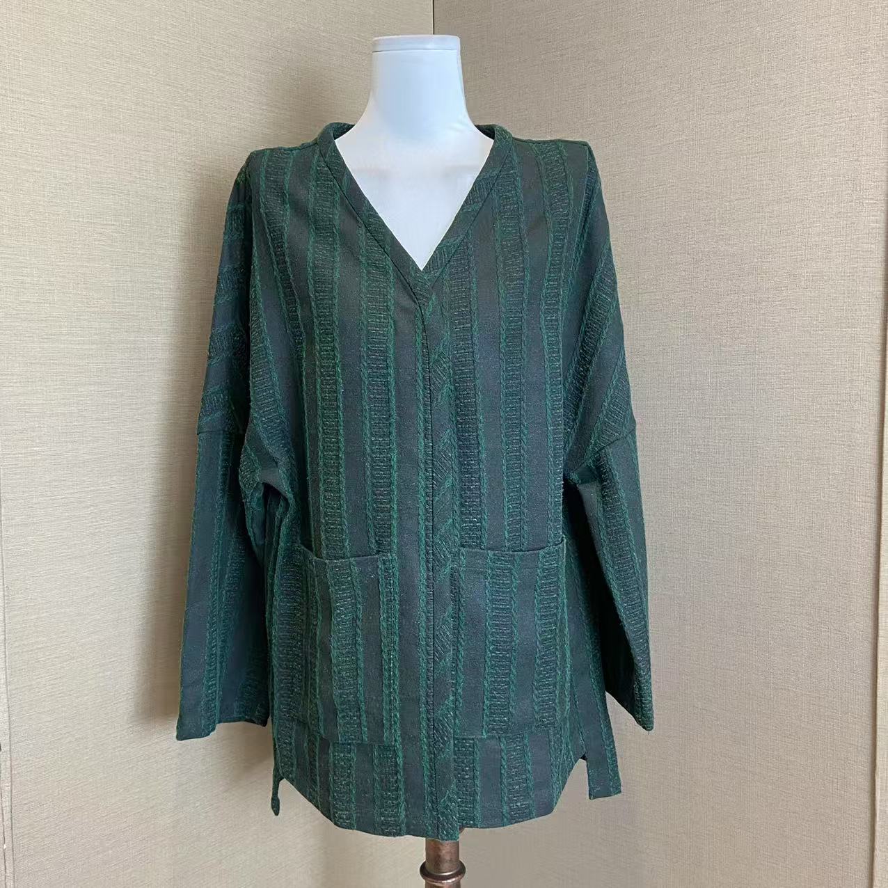 香云纱野蚕丝双面穿茶服竖条纹绿草染外套开衫新款Q32GD75-420189