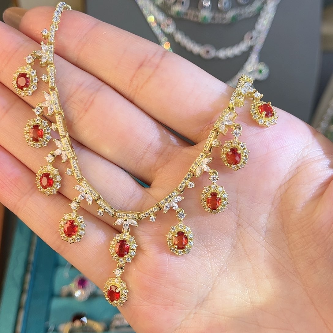 彩色蓝宝石颈饰银S925镶嵌