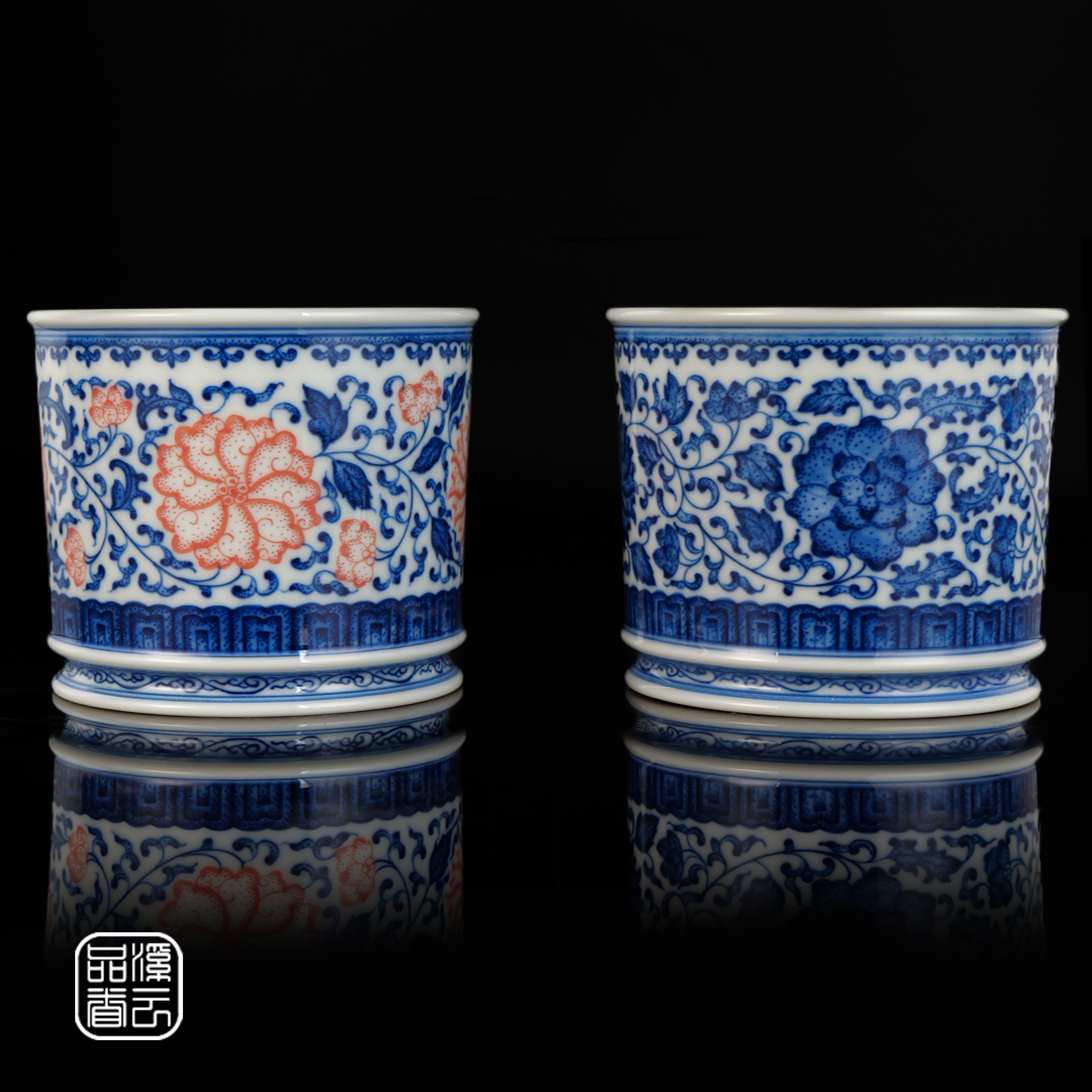 老姐缠枝莲 景德镇柴窑手工手绘陶瓷青花缠枝莲直筒杯主人杯茶杯