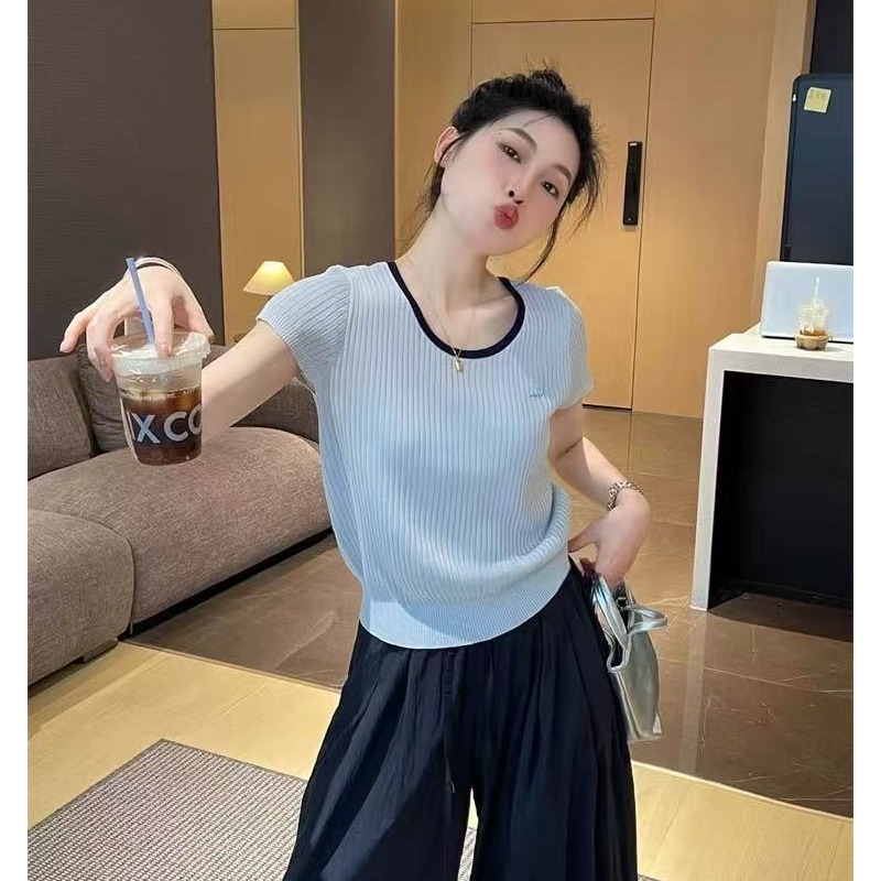 【粉丝专属】2025夏季新款宽松露背冰丝针织衫t恤女短袖短款上衣女