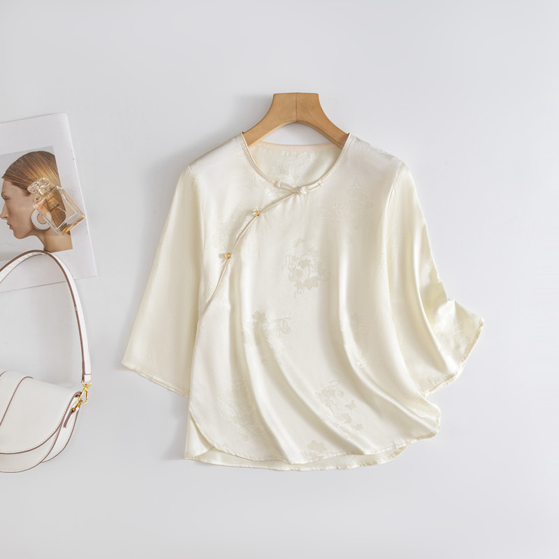 新款真丝重锻格格服上衣女圆领显瘦新中式斜襟盘扣桑蚕丝休闲小衫