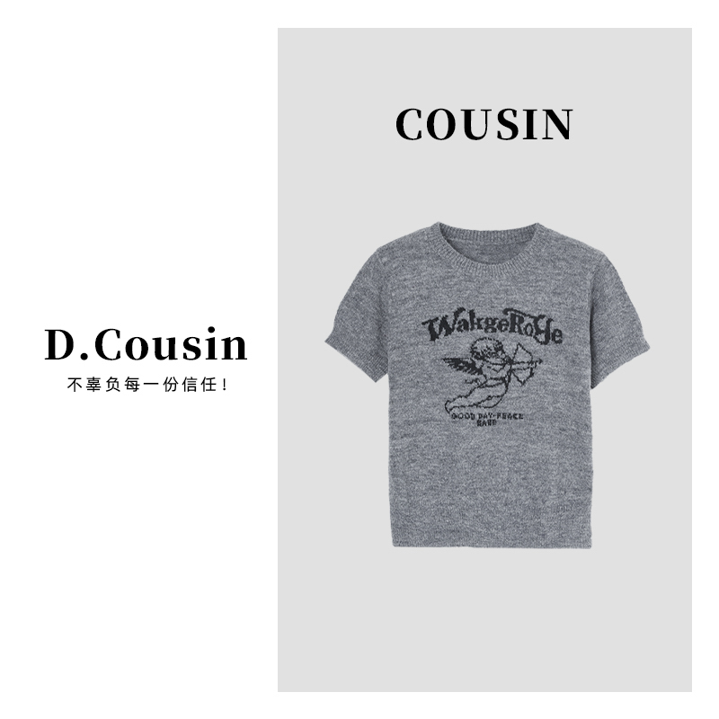 D.cousin 【丘比特穿心毛衣】软糯圆领提花图案针织短袖上衣  322