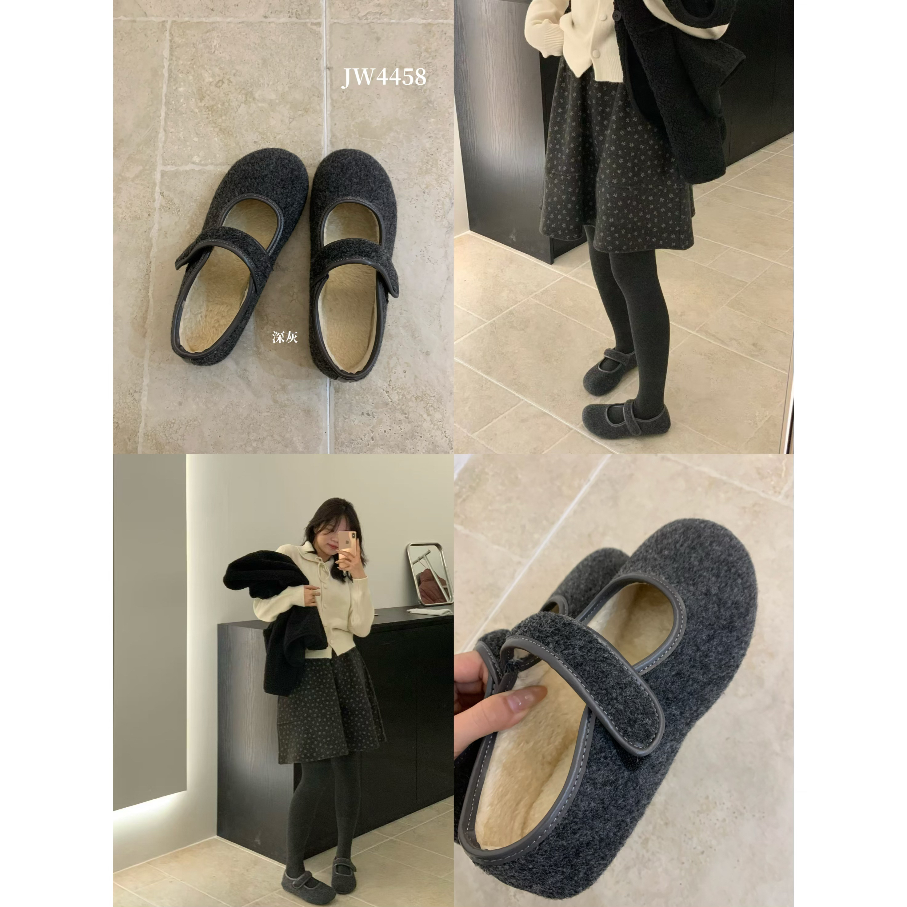 Junxi@jw4458 魔术贴毛毛鞋加绒保暖棉鞋平底玛丽珍 （正码正拍