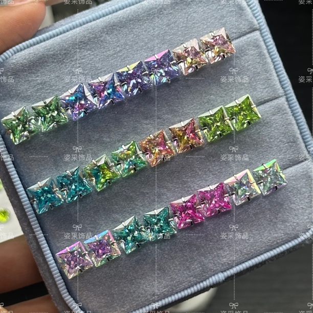 钛钢锆石耳饰 钛钢外螺旋方糖切耳钉彩色锆石耳窝钉耳骨钉