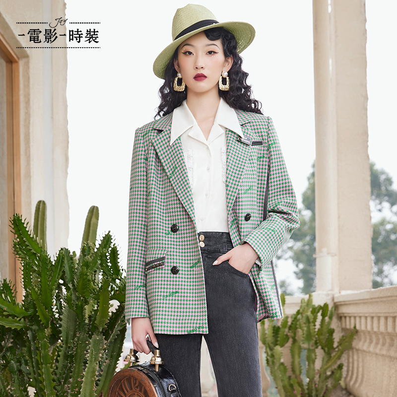 【蜜思仝】一电影一时装复古千鸟格西装外套气质休闲通勤FEBG111593