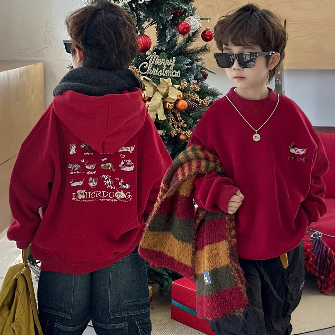 【Tang小白】2025冬季新款小狗万针刺绣加绒卫衣儿童圣诞服年服保暖