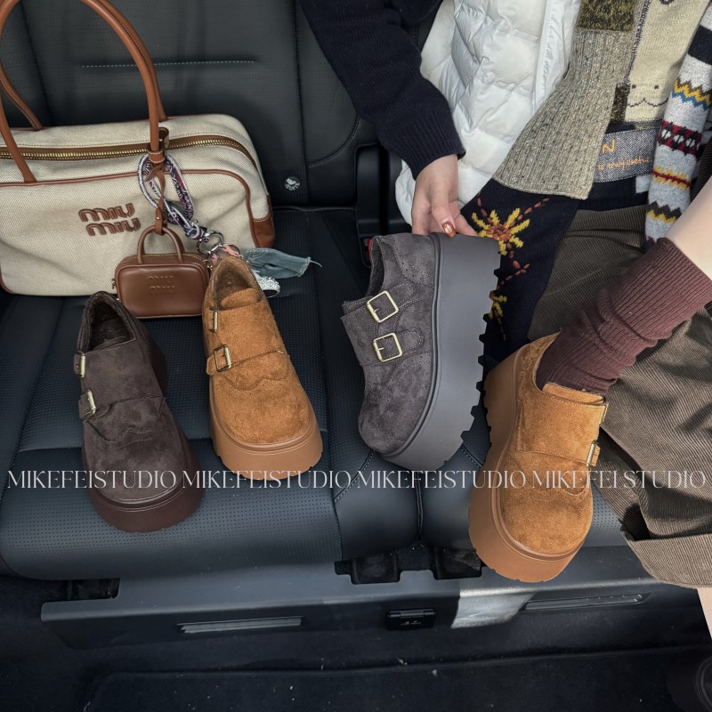 松糕厚底加绒勃肯鞋女2025新款冬季复古魔术贴小个子保暖乐福棉鞋