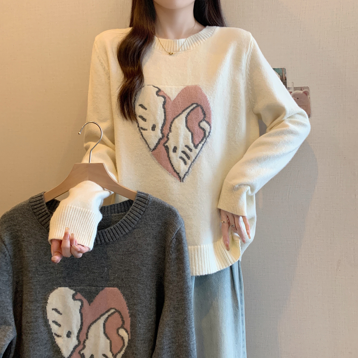 2024春季新款胖mm大码猫咪卡通爱心套头针织衫内搭软糯毛衣69297