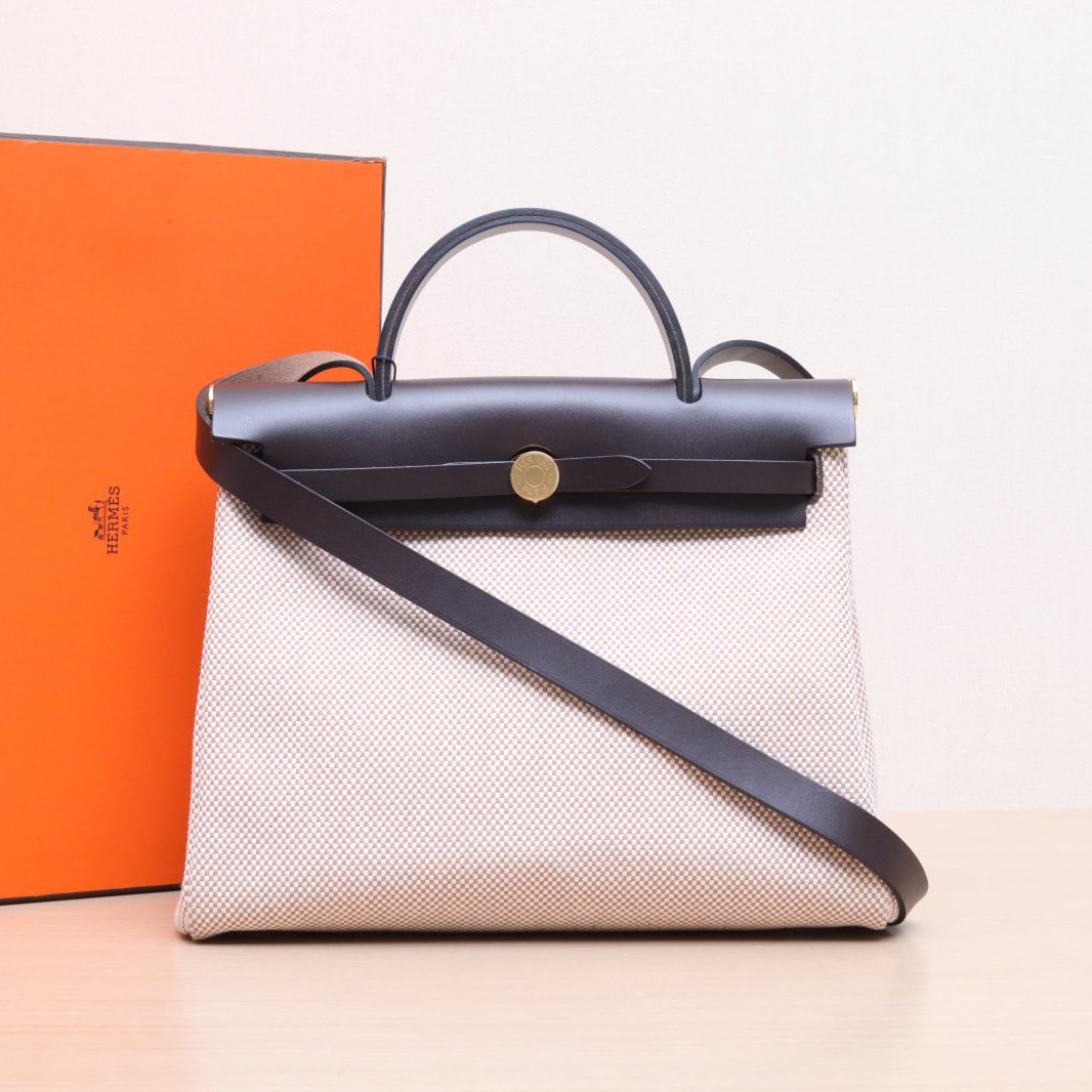 99新 Hermes/爱马仕 小花佳珊Herbag 31 乌木色 编织帆布牛皮 B刻