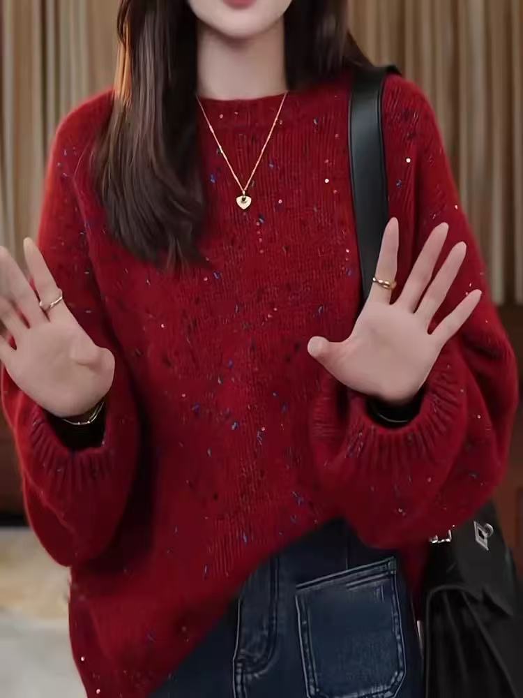 【兔哥女装】蓝丝线酒红色套头加厚圆领秋冬网红时尚宽松针织毛衣