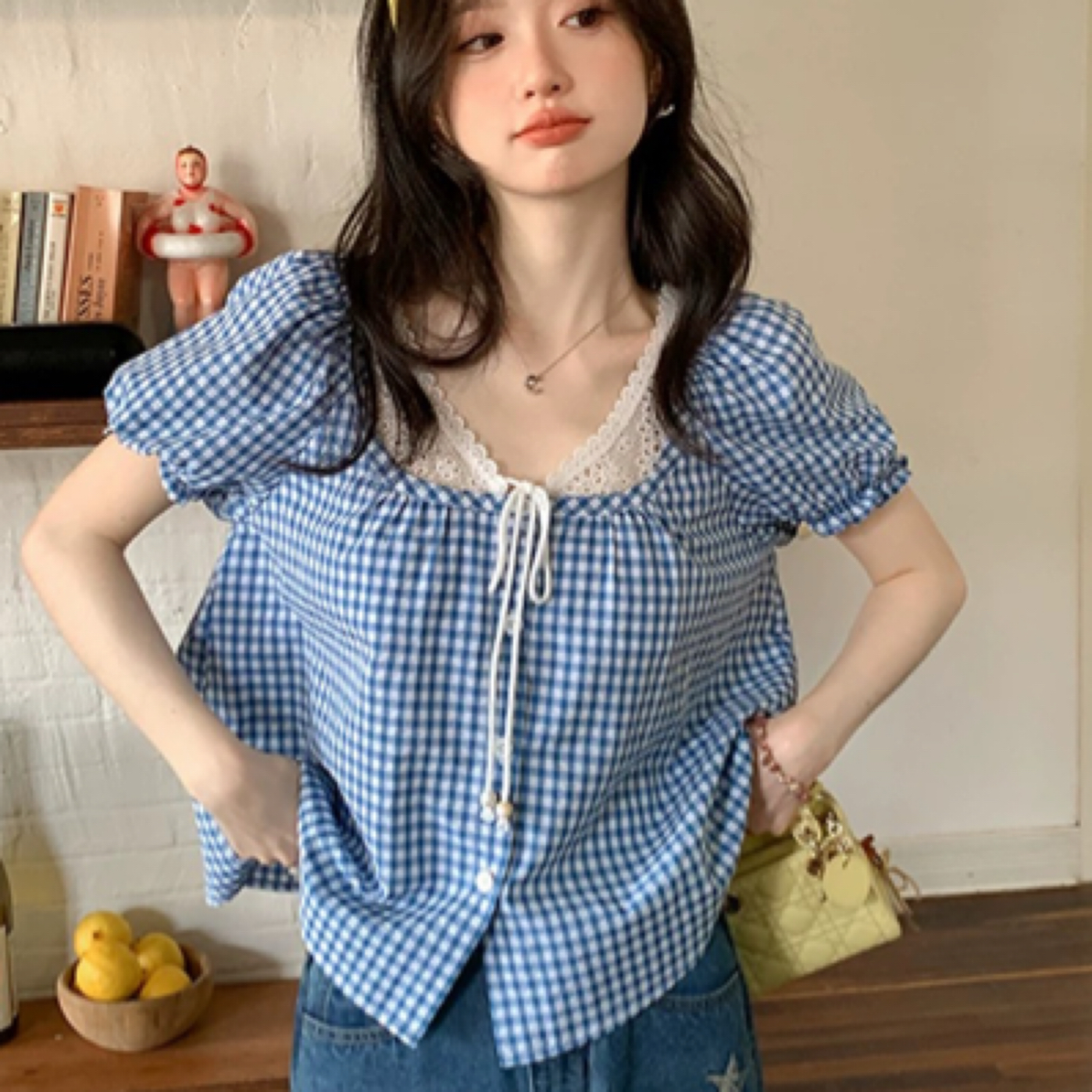 法式蓝色格子一字肩短袖衬衫女夏2025新款两穿蕾丝假两件小衫上衣