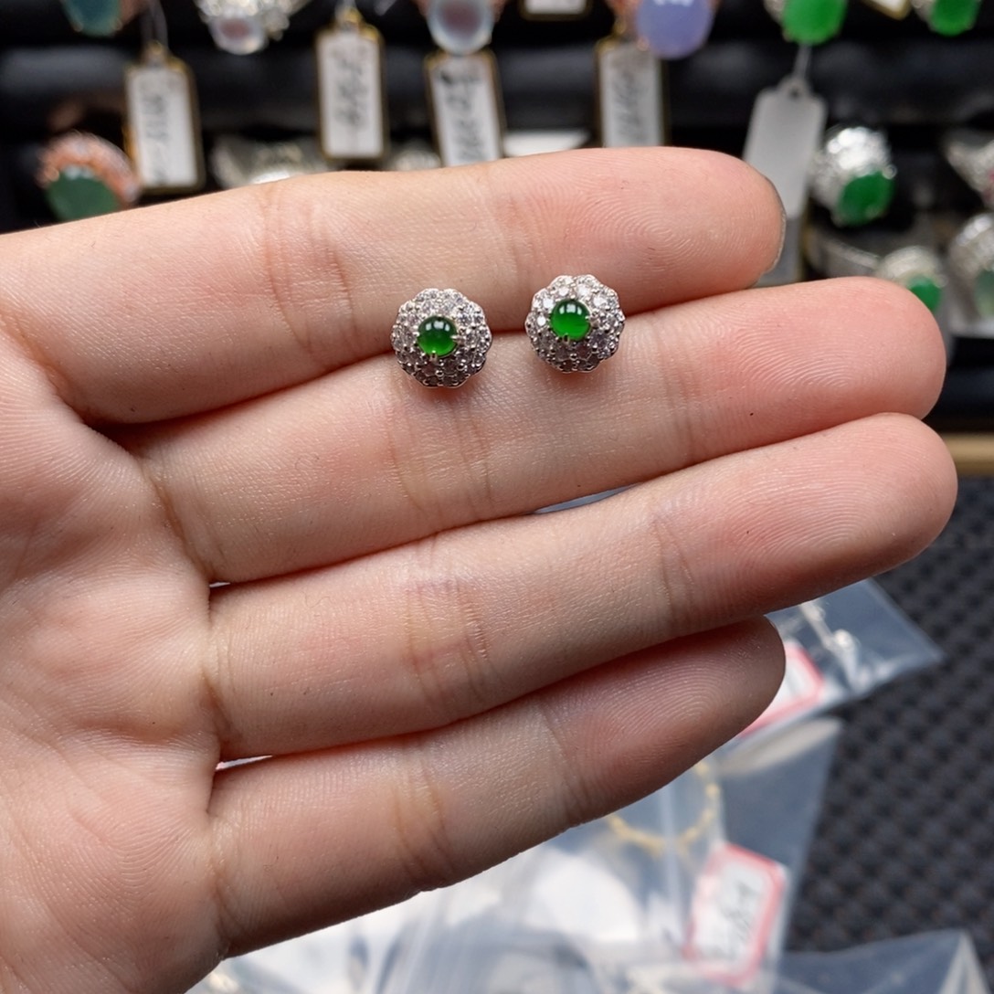 翡翠耳饰银S925镶嵌天然缅甸翡翠a货