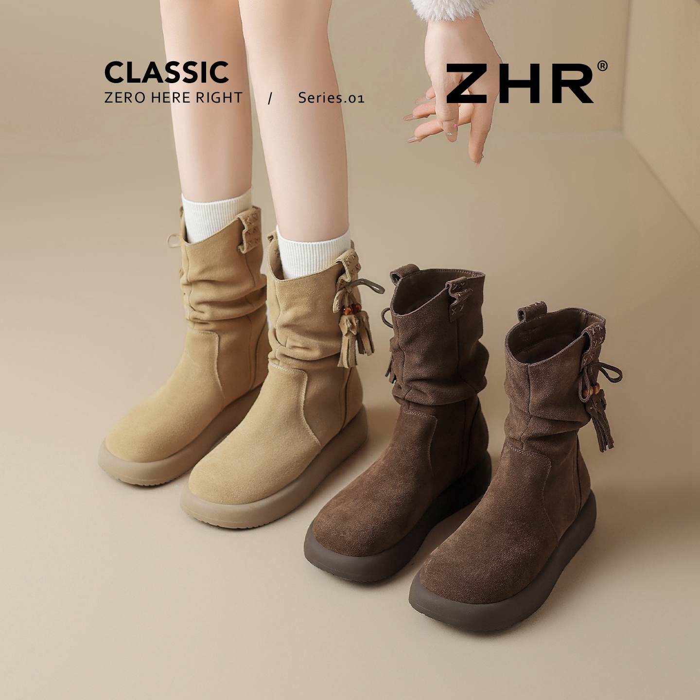 ZHR/则则中筒靴女秋冬新款加绒复古低跟马丁骑士时尚百搭堆堆靴Z