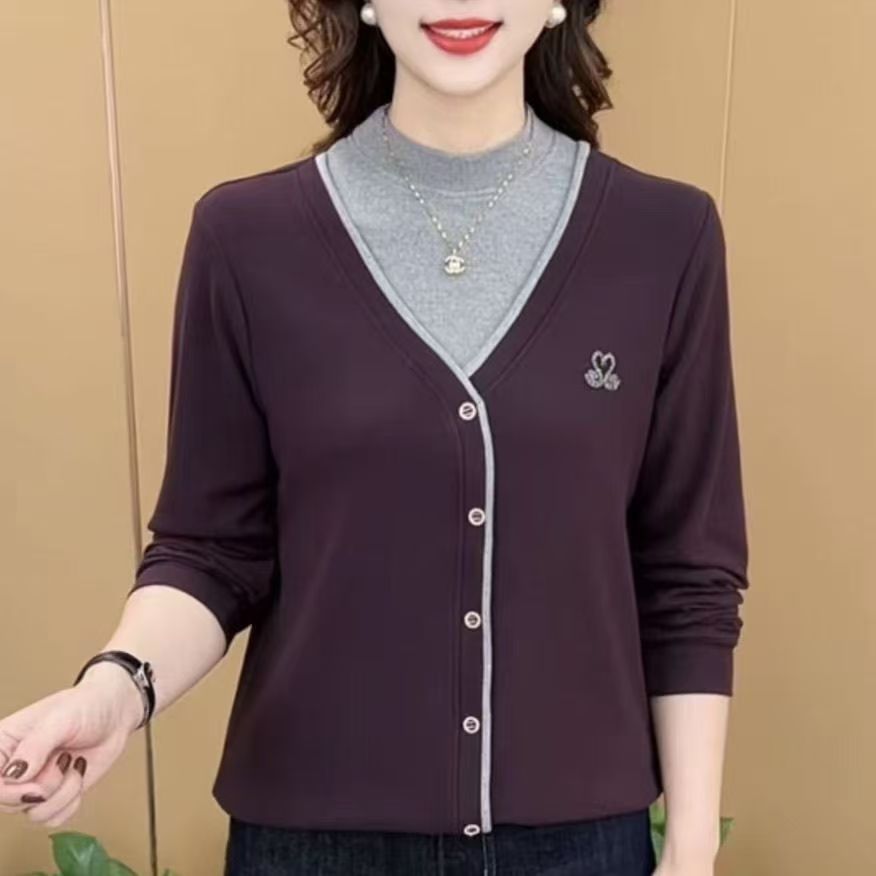 【加绒加厚】时尚洋气半高领假两件烫钻显瘦拼接百搭宽松打底衫