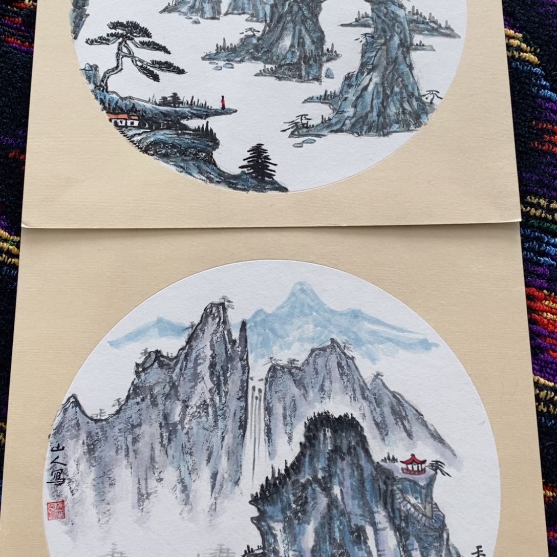 国画国画山水33斗方卡纸两张山人  琪