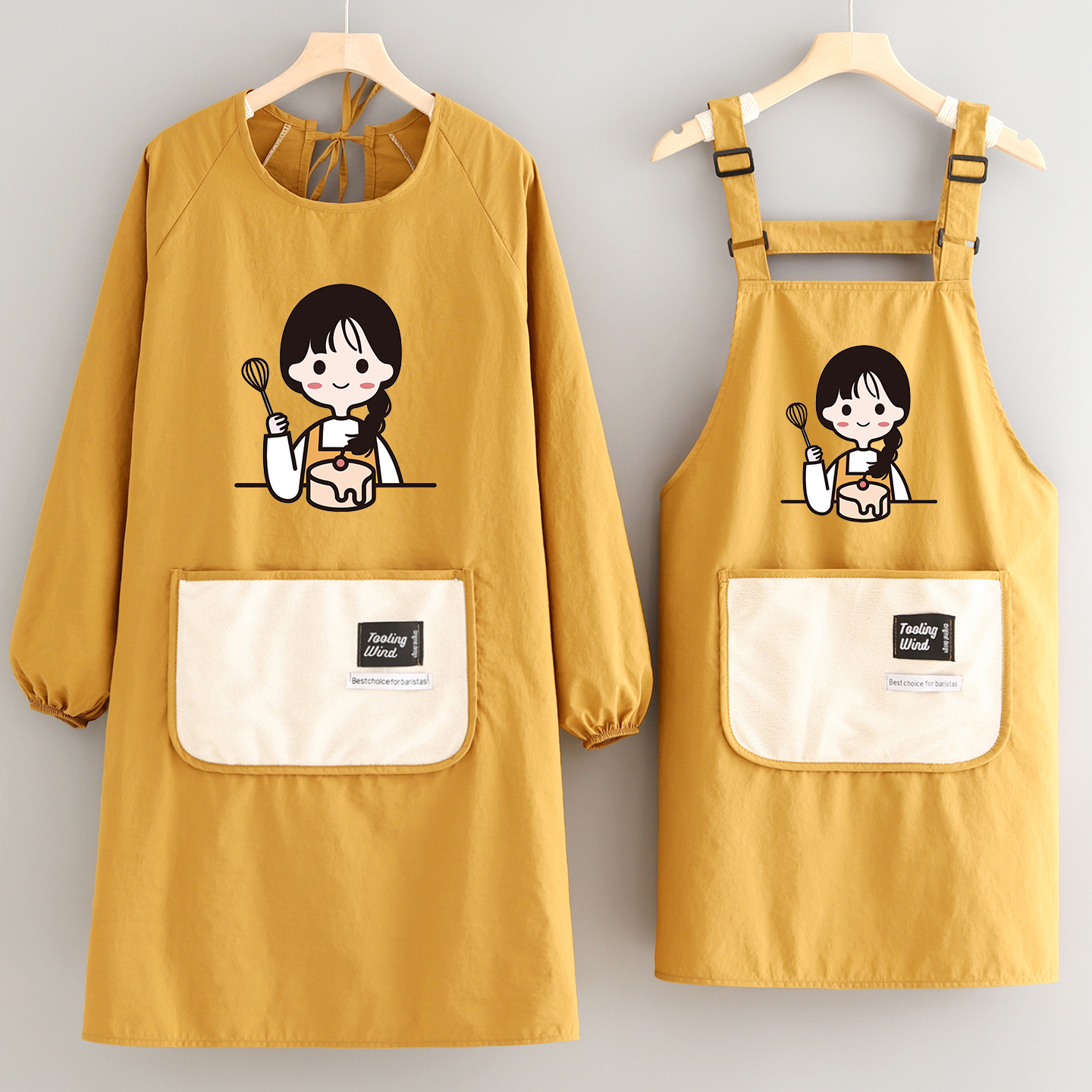 卡通防泼水罩衣厨房长袖家用做饭围裙定制印字防污工作服餐饮专用