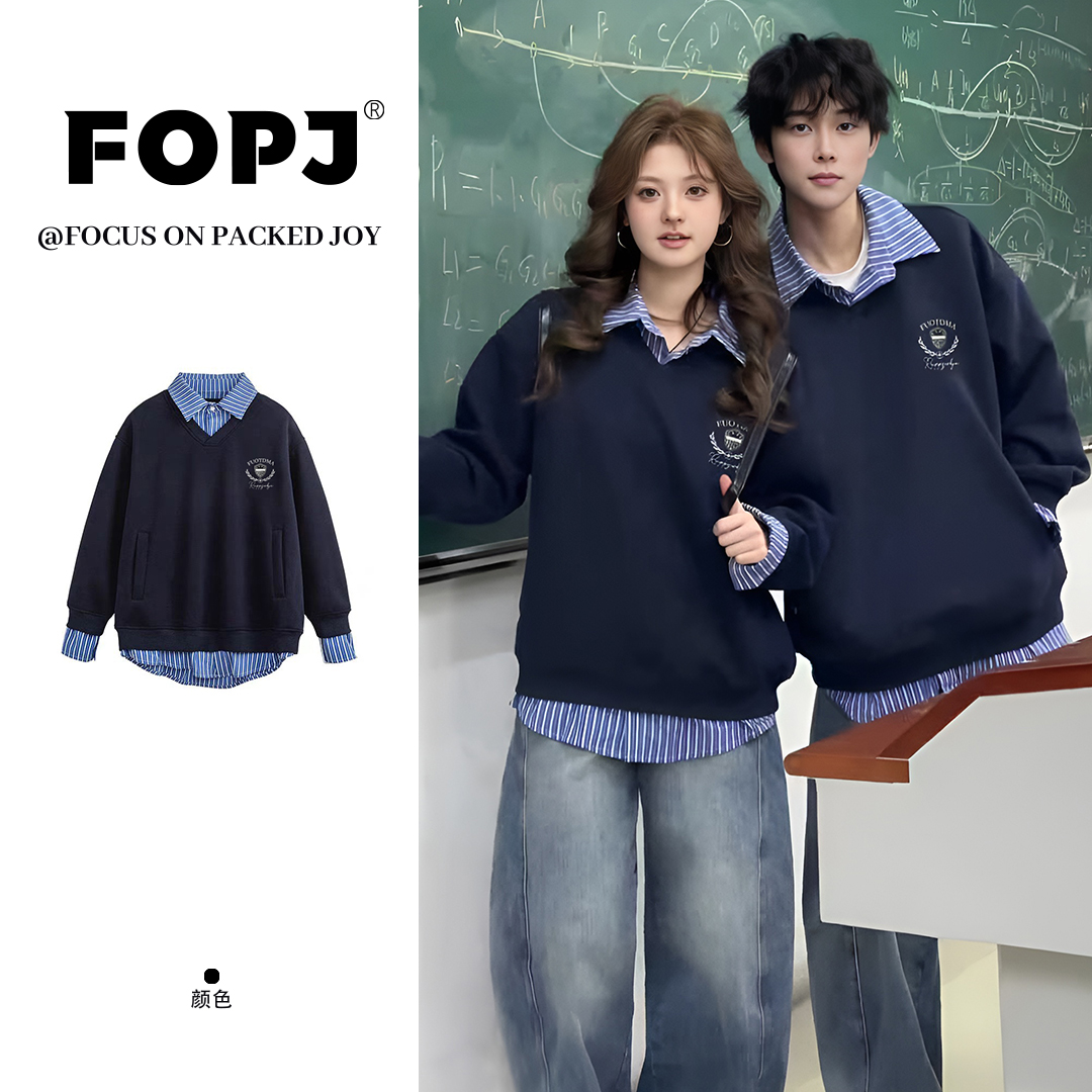 FOPJ刺绣款美式复古假两件衬衫卫衣女春秋款POLO领情侣款潮牌上衣