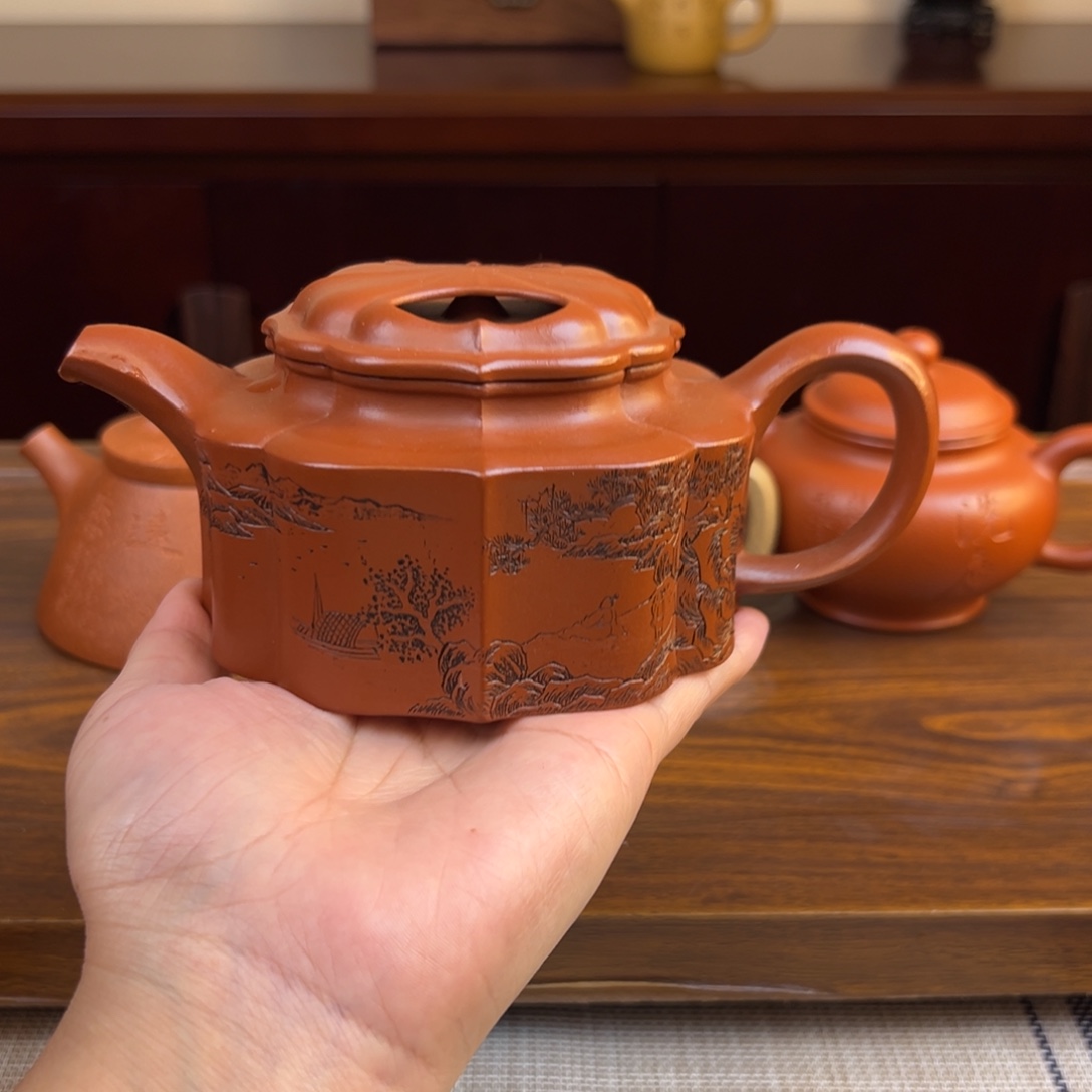 紫砂茶壶朱泥筋纹牛盖320cc