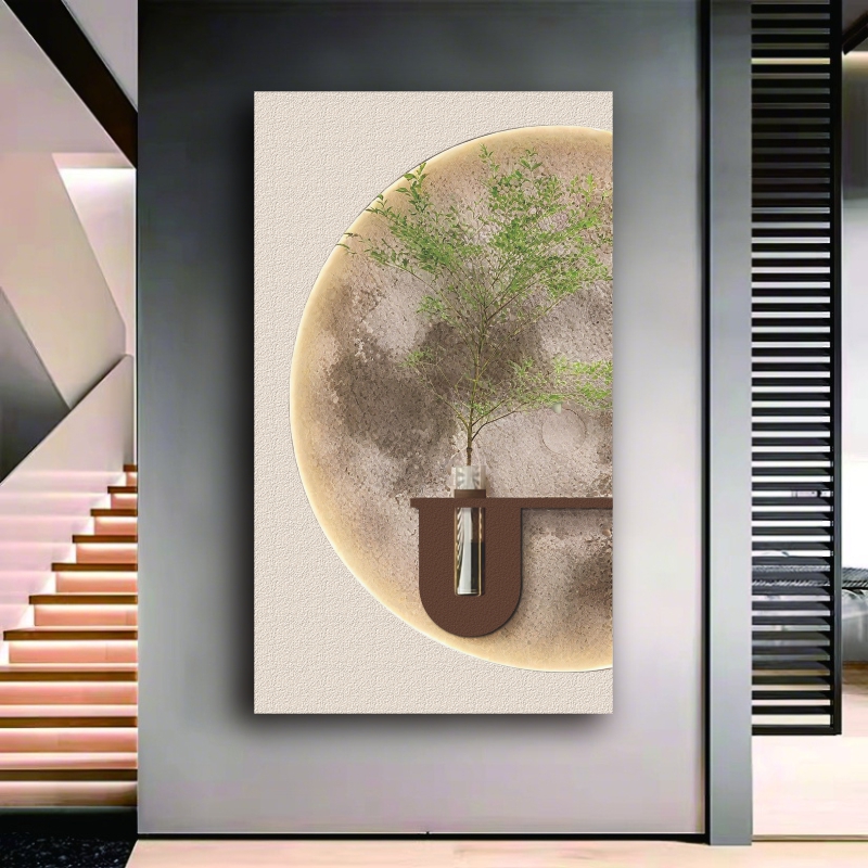 水培绿植入户玄关装饰画月球灯奶油风走廊过道挂画立体砂岩高级感
