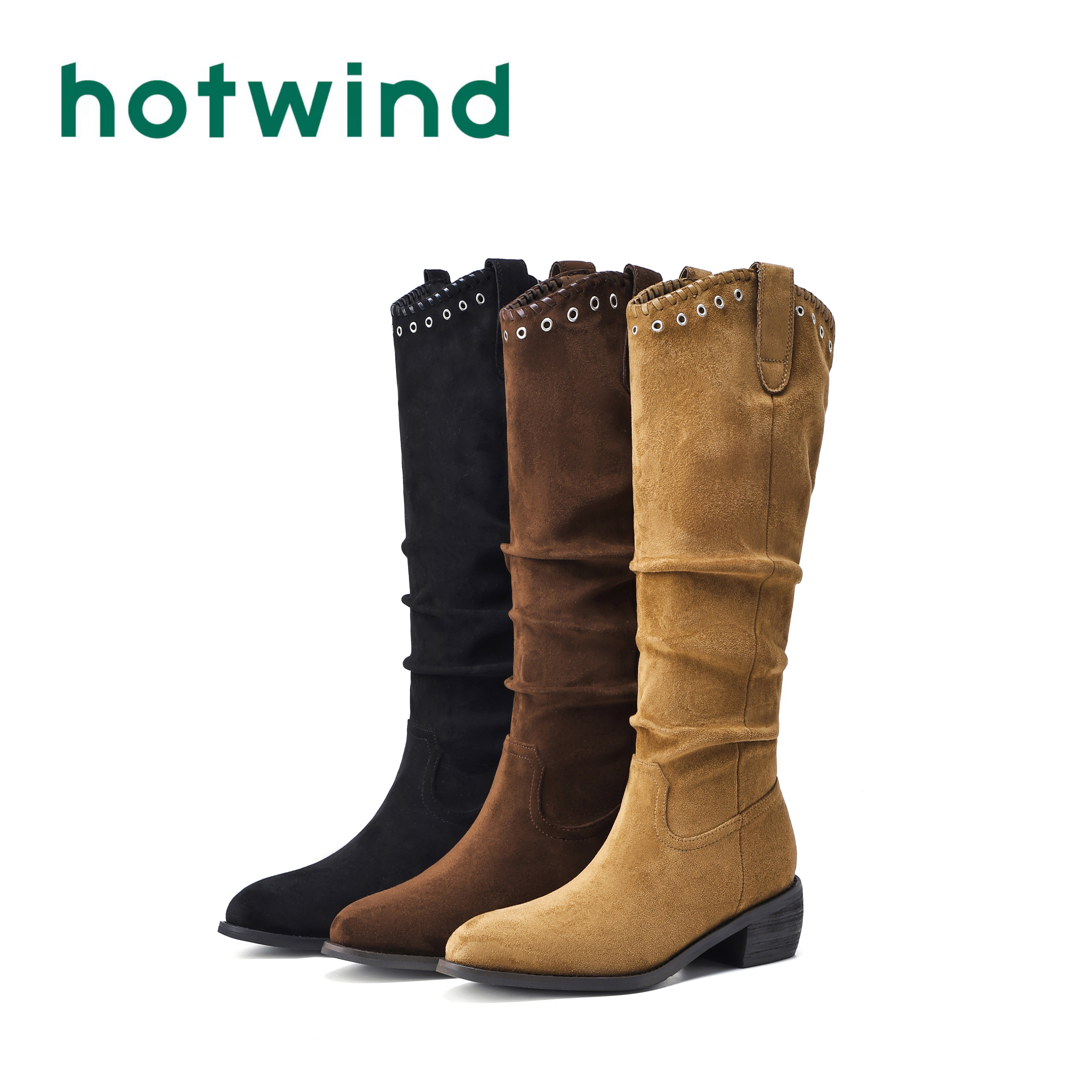 Hotwind/热风显高尖头美拉德长筒靴女2025秋冬新款粗跟高筒靴